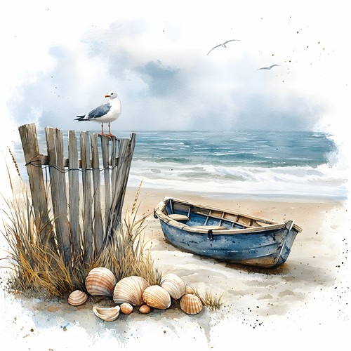 Wandbild möwe boot strand - wandbild,